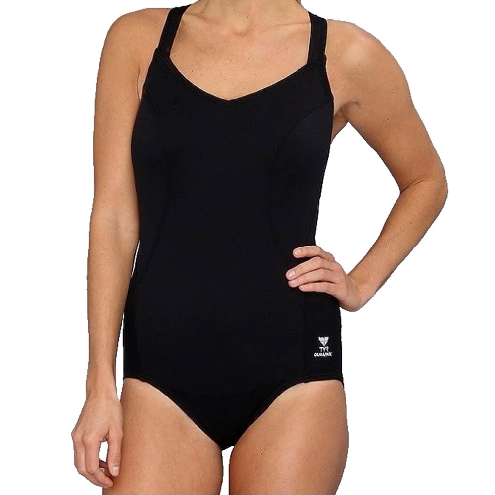 TYR DuraFast Black Elite Solid Halter ControlFit 1pc Swimsuit Size 12